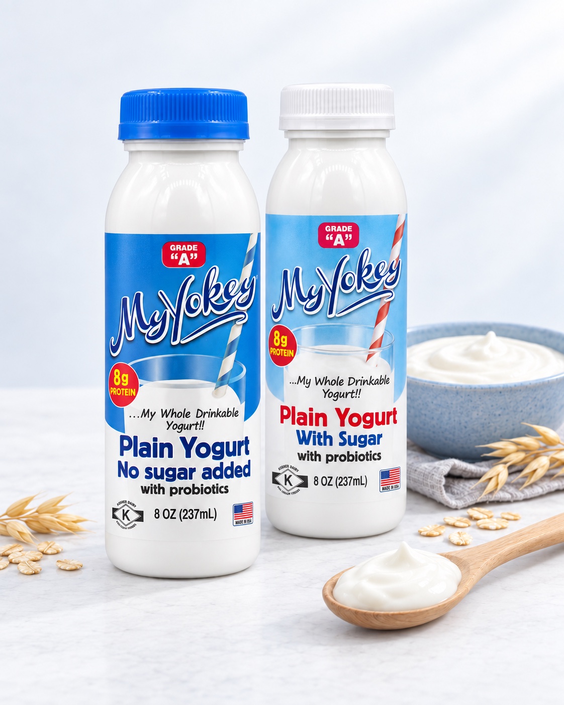 Two 8-ounce MyYokey plain yogurt bottles, sweetened and with no sugar added