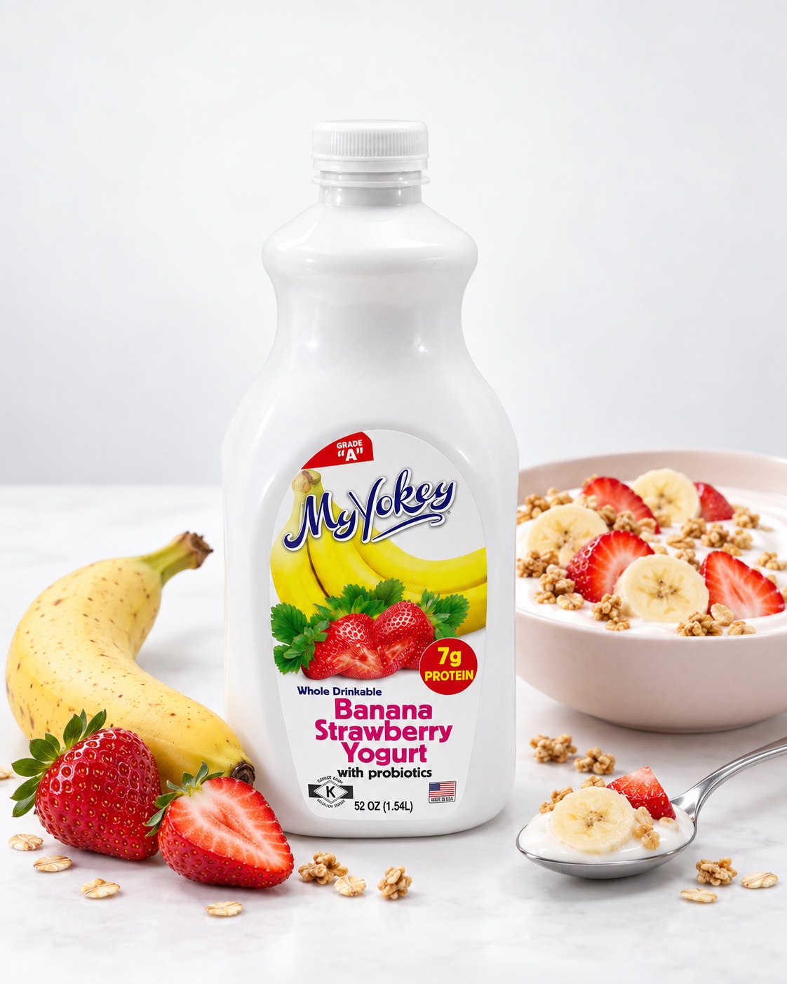 MyYokey banana strawberry yogurt bottle with fresh fruit