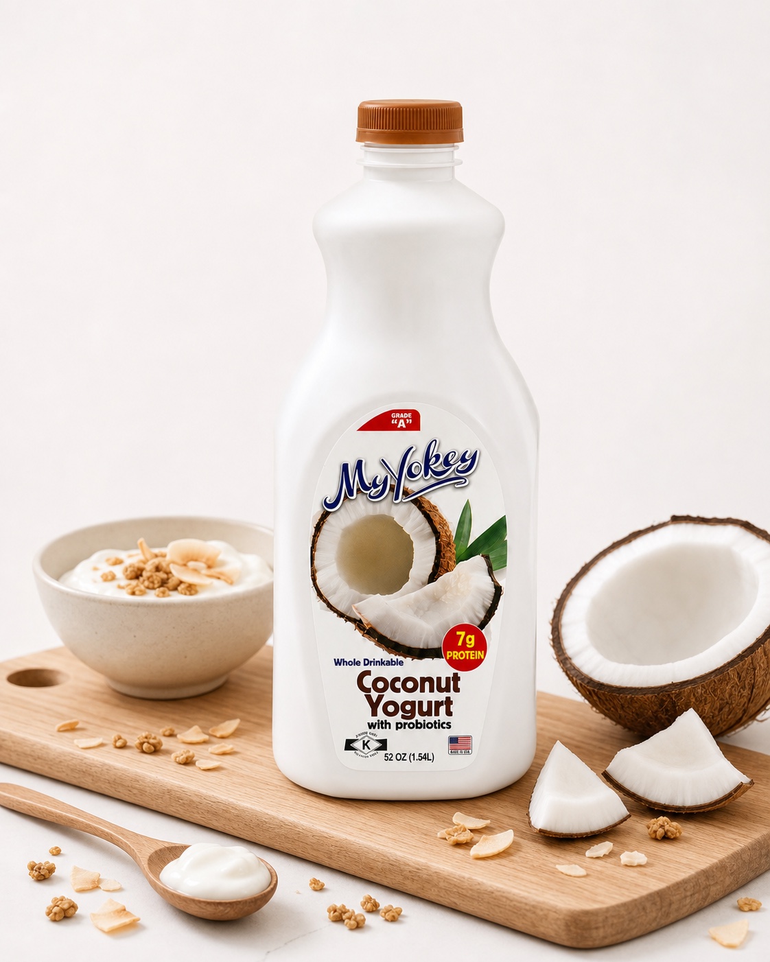MyYokey coconut yogurt bottle with coconut and granola