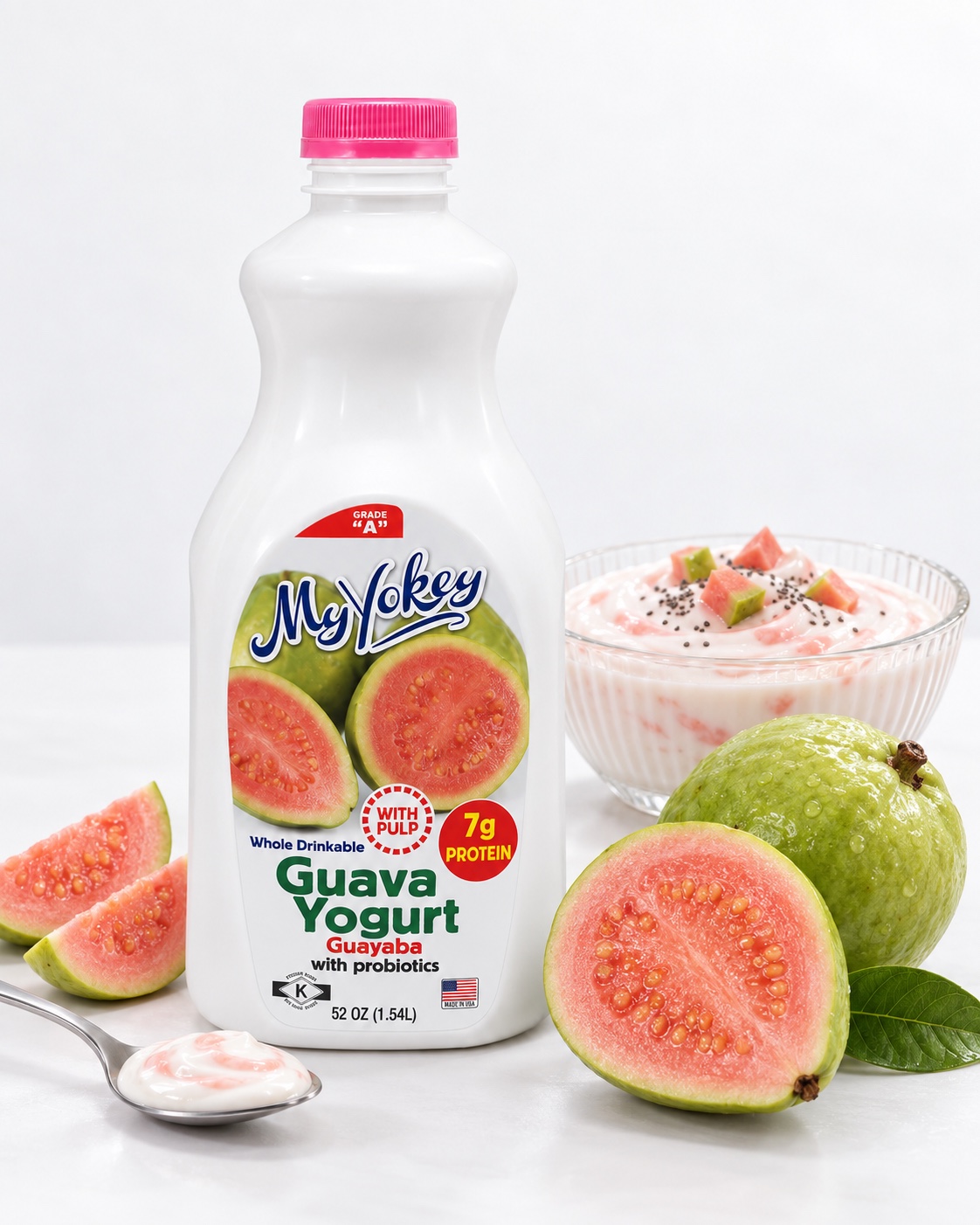 MyYokey guava yogurt bottle with fruit and pulp