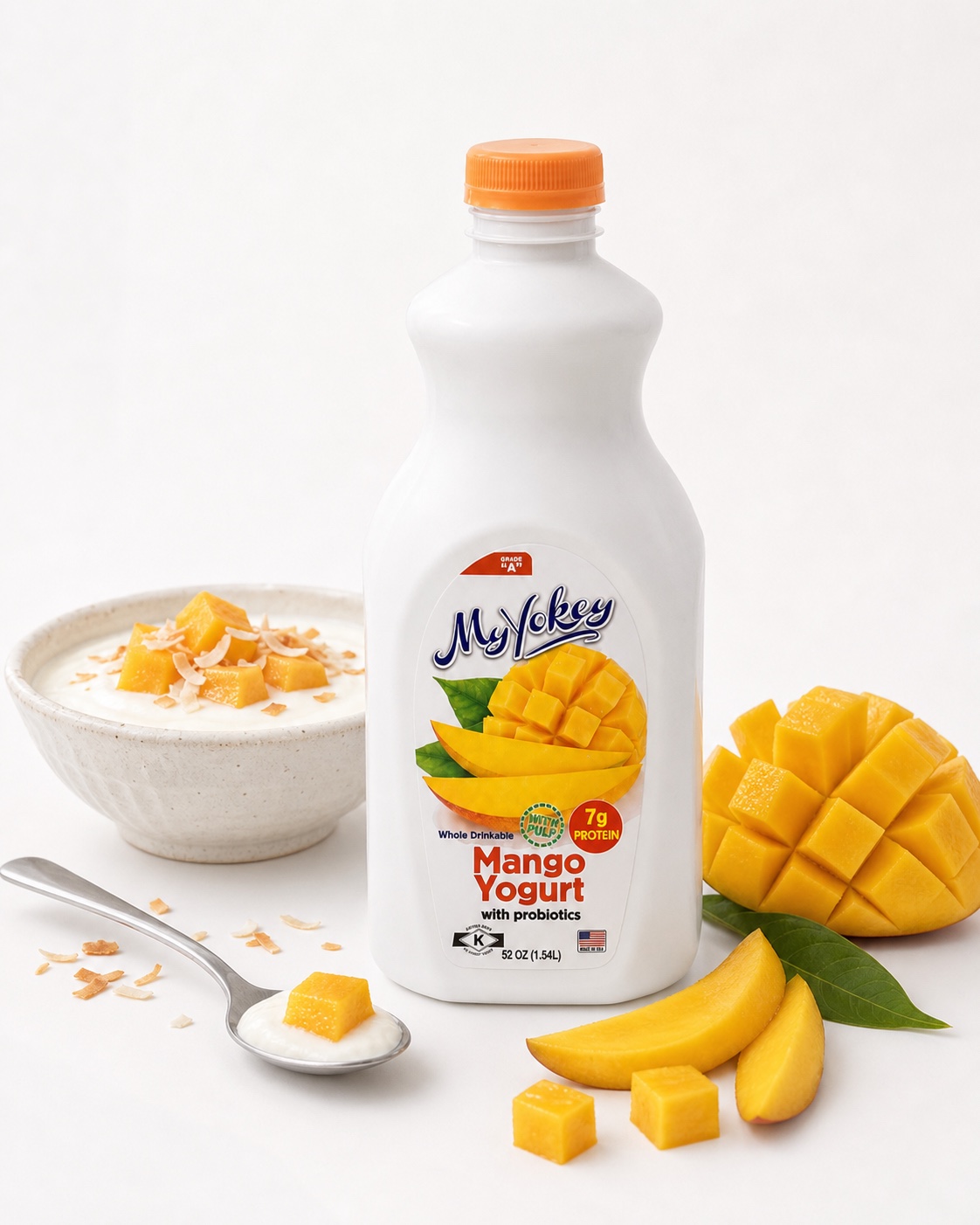 MyYokey mango yogurt bottle with fresh mango