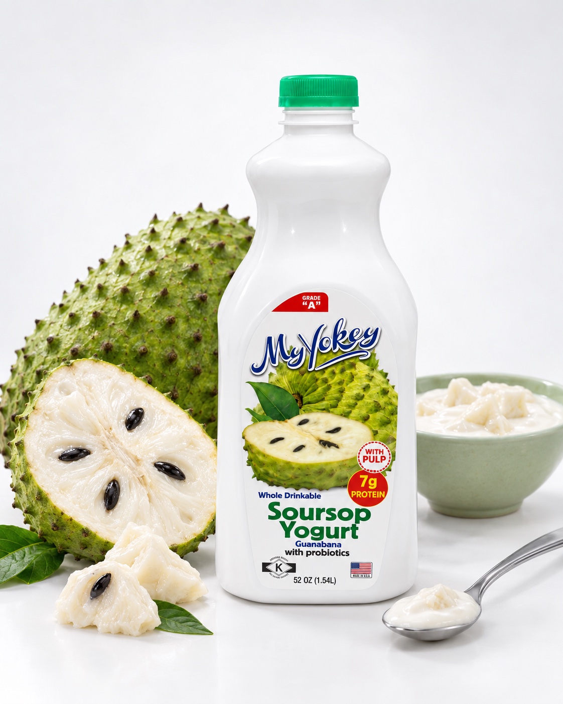 MyYokey soursop yogurt bottle with fruit and pulp