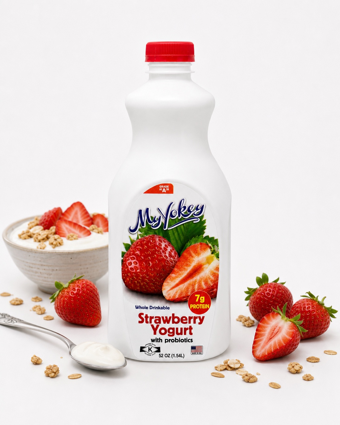 MyYokey strawberry yogurt bottle with strawberries